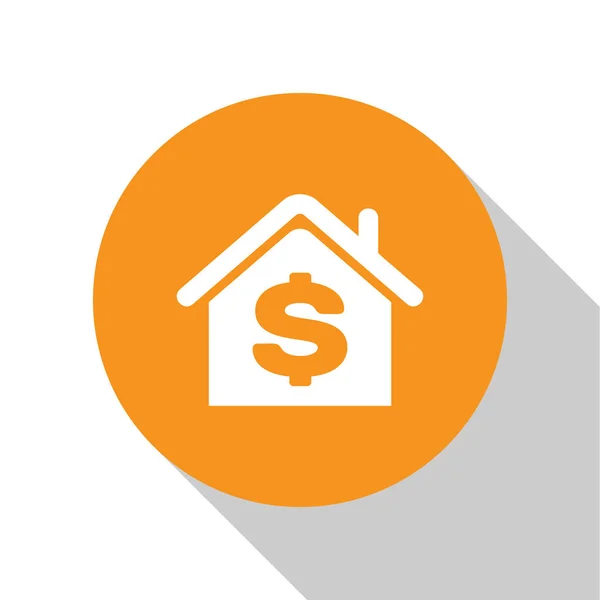 Casa Blanca con símbolo del dólar aislado sobre fondo blanco. Hogar y dinero. Concepto inmobiliario. Botón círculo naranja. Ilustración vectorial — Vector de stock