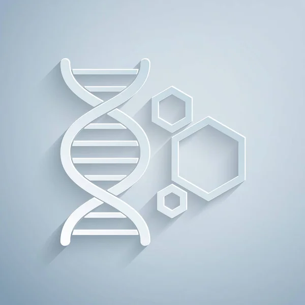 Corte de papel Icono de ingeniería genética aislado sobre fondo gris. Análisis de ADN, pruebas genéticas, clonación, pruebas de paternidad. Estilo de arte de papel. Ilustración vectorial — Archivo Imágenes Vectoriales