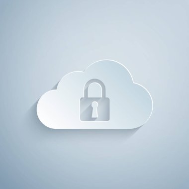 Kağıt kesme Bulut bilgi işlem kilidi simgesi gri arka planda yalıtılmış. Güvenlik, güvenlik, koruma konsepti. Kağıt sanat tarzı. Vektör İllüstrasyonu