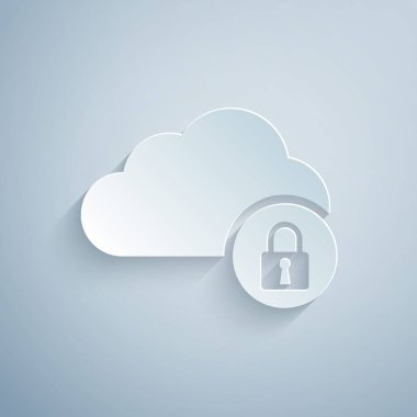 Kağıt kesme Bulut bilgi işlem kilidi simgesi gri arka planda yalıtılmış. Güvenlik, güvenlik, koruma konsepti. Kağıt sanat tarzı. Vektör İllüstrasyonu