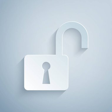 Kağıt kesme Gri arka planda yalıtılmış açık asma kilit simgesi. Kilit işaretini açtı. Siber güvenlik konsepti. Dijital veri koruması. Güvenlik güvenliği. Kağıt sanat tarzı. Vektör İllüstrasyonu