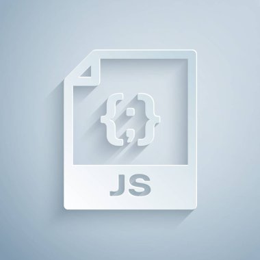 Kağıt kesilmiş Js dosya belgesi. Gri arka planda yalıtılmış js düğme simgesini indirin. Js dosya sembolü. Kağıt sanat tarzı. Vektör İllüstrasyonu