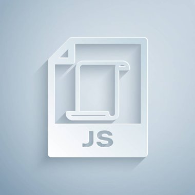 Kağıt kesilmiş Js dosya belgesi. Gri arka planda yalıtılmış js düğme simgesini indirin. Js dosya sembolü. Kağıt sanat tarzı. Vektör İllüstrasyonu