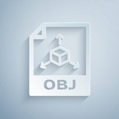 Kağıt kesme Obj dosya belgesi. Gri arka planda yalıtılmış obj düğme simgesini indirin. Obj dosya sembolü. Kağıt sanat tarzı. Vektör İllüstrasyonu