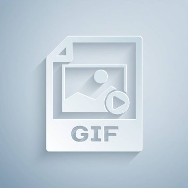 Kağıt kesme Gif dosya belgesi. Gri arka planda yalıtılmış gif düğme simgesini indirin. Gif dosya sembolü. Kağıt sanat tarzı. Vektör İllüstrasyonu