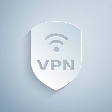 Kağıt vpn ve wifi kablosuz internet ağı simge simgesi gri arka plan üzerinde izole ile Shield kesti. Vpn güvenlik kavramını koruyun. Kağıt sanat tarzı. Vektör İllüstrasyonu