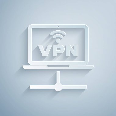 Kağıt kesme Vpn Bilgisayar ağ simgesi gri arka plan üzerinde izole. Dizüstü bilgisayar ağı. İnternet bağlantısı. Kağıt sanat tarzı. Vektör İllüstrasyonu