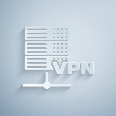 Kağıt kesme Server Vpn simgesi gri arka plan üzerinde izole. Kağıt sanat tarzı. Vektör İllüstrasyonu