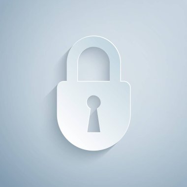 Kağıt kesiği Kilit simgesi gri arkaplanda izole edildi. Asma kilit işareti. Güvenlik, güvenlik, koruma, gizlilik kavramı. Kağıt sanatı tarzı. Vektör İllüstrasyonu