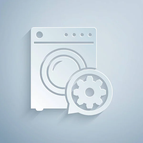 Paper cut Washer and gear icon isolated on grey background. Adjusting app, service concept, setting options, maintenance, repair, fixing. Paper art style. Vector Illustration — Stock Vector