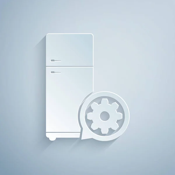 Paper cut Refrigerator and gear icon isolated on grey background. Adjusting app, service concept, setting options, maintenance, repair, fixing. Paper art style. Vector Illustration — Stock Vector