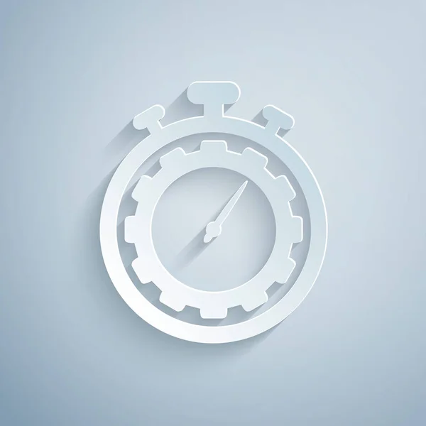 紙切り時間管理アイコンは、灰色の背景に分離されています。時計とギアサイン。生産性記号。ペーパーアートスタイル。ベクトルイラストレーション — ストックベクタ