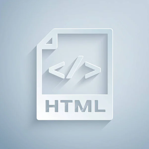 Documento de arquivo HTML cortado em papel. Baixe o ícone do botão html isolado no fundo cinza. Símbolo de arquivo HTML. Símbolo de linguagem de marcação. Estilo de arte de papel. Ilustração vetorial — Vetor de Stock