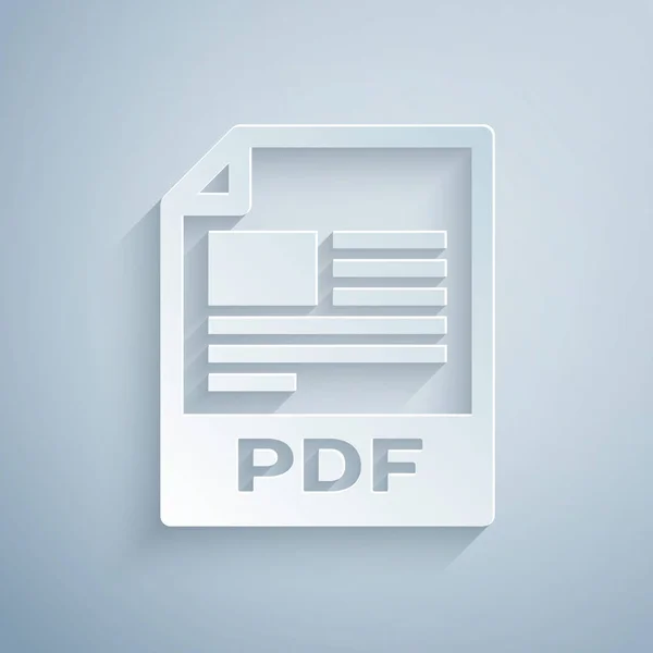 Papier knippen PDF-bestand document. Download PDF knop icoon geïsoleerd op grijze achtergrond. PDF-bestand symbool. Papier kunststijl. Vector illustratie — Stockvector