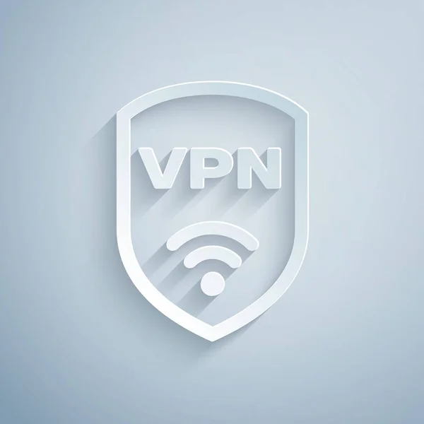 紙カットシールドVpnと無線LAN無線インターネットネットワークシンボルアイコンは、灰色の背景に隔離されています。VPNは安全コンセプトを保護します。ペーパーアートスタイル。ベクトルイラストレーション — ストックベクタ