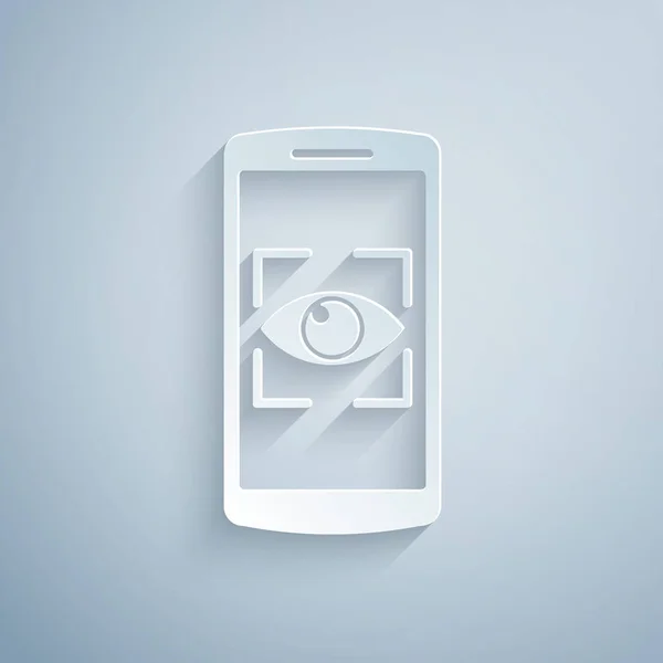 Паперовий виріз Мобільний телефон і значок сканування очей ізольовані на сірому фоні. Сканування очей. Перевірка безпеки символ. Кіберсвідомість. Стиль паперового мистецтва. Векторна ілюстрація — стоковий вектор