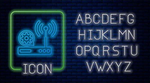 Router de neón brillante y señal wi-fi e icono de engranaje en el fondo de la pared de ladrillo. Ajustar la aplicación, concepto de servicio, opciones de configuración, mantenimiento, reparación, fijación. Alfabeto de luz de neón. Ilustración vectorial — Vector de stock