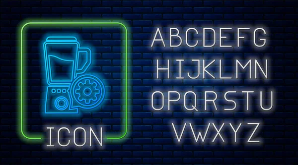 Brillante licuadora de neón con tazón y engranaje icono aislado en el fondo de la pared de ladrillo. Ajustar la aplicación, concepto de servicio, opciones de configuración, mantenimiento, reparación, fijación. Alfabeto de luz de neón. Ilustración vectorial — Vector de stock