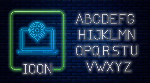 Lumineux néon Ordinateur portable et icône d'engrenage isolés sur fond de mur de briques. Concept de service pour ordinateur portable. Réglage app, options de réglage, maintenance, réparation, fixation. Alphabet néon. Illustration vectorielle — Image vectorielle