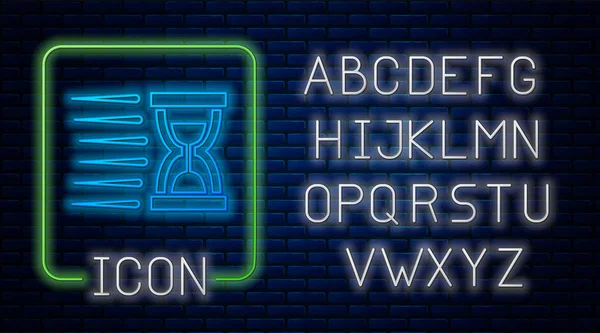 Świecące Neon stare klepsydra z płynącą ikonę piasku na białym tle na ścianie cegły. Znak zegara piasku. Koncepcja zarządzania czasem i biznesem. Neon światła alfabetu. Ilustracja wektorowa — Wektor stockowy