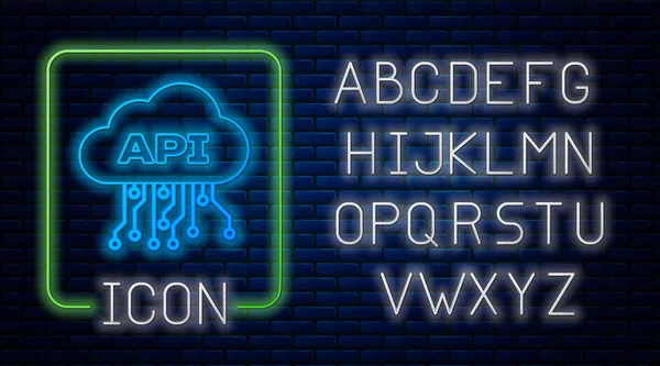 Gloeiende neon Cloud API interface icoon geïsoleerd op bakstenen muur achtergrond. API-technologie voor Application Programming Interface. Software-integratie. Neon licht alfabet. Vector illustratie — Stockvector