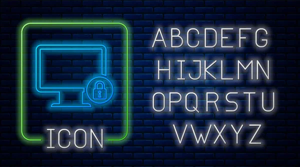 Luccichio al neon lucente sull'icona dello schermo del monitor del computer sullo sfondo della parete di mattoni. Monitor e lucchetto. Sicurezza, concetto di protezione. Interrete sicura. Alfabeto della luce al neon. Illustrazione vettoriale — Vettoriale Stock