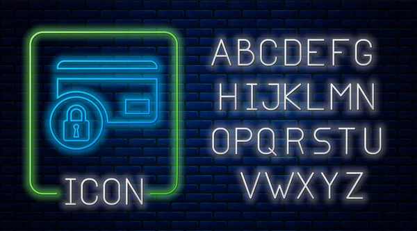 Neon incandescente Carta di credito con icona di blocco isolato su sfondo muro di mattoni. Carta bancaria chiusa a chiave. Sicurezza, concetto di protezione. Concetto di pagamento sicuro. Alfabeto della luce al neon. Illustrazione vettoriale — Vettoriale Stock