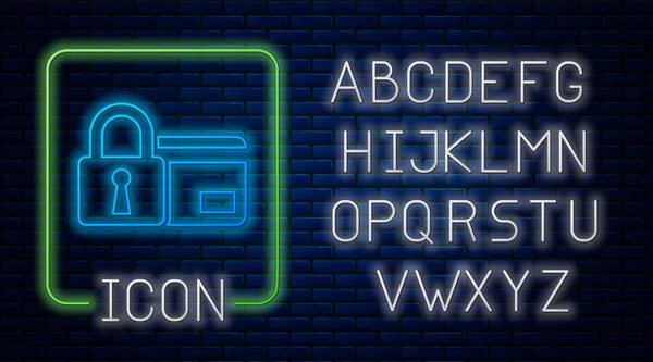 Brillante tarjeta de crédito de neón con icono de bloqueo aislado en el fondo de la pared de ladrillo. Tarjeta bancaria bloqueada. Seguridad, seguridad, concepto de protección. Concepto de pago seguro. Alfabeto de luz de neón. Ilustración vectorial — Vector de stock