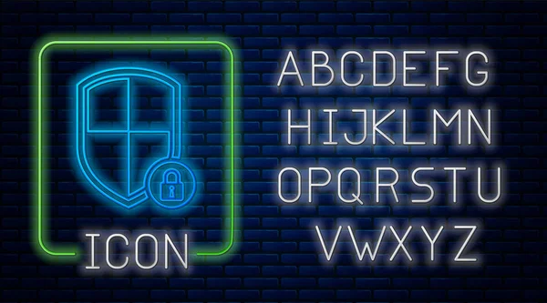 Світловий неоновий щит безпеки з піктограмою блокування ізольовано на фоні цегляної стіни. Захист, безпека, безпека паролів. Знак конфіденційності доступу до брандмауера. Неоновий легкий алфавіт. Векторна ілюстрація — стоковий вектор