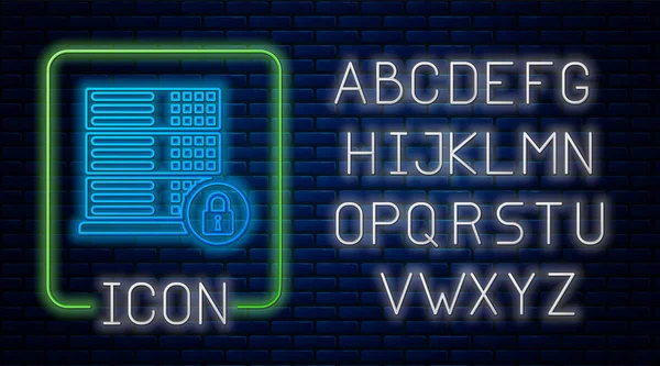 Segurança do servidor neon brilhante com ícone de cadeado fechado isolado no fundo da parede de tijolo. Segurança, segurança, proteção conceito. Alfabeto claro de néon. Ilustração vetorial — Vetor de Stock