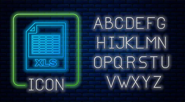 Glödande Neon xls-fildokument. Ladda ner xls-knappen ikon isolerad på tegelvägg bakgrund. Excel-filsymbol. Neonljus alfabetet. Vektor illustration — Stock vektor