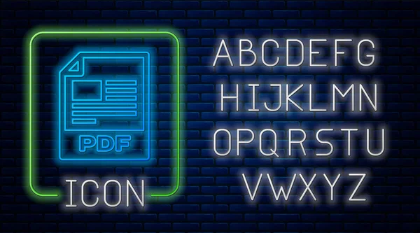 Lumineux document de fichier PDF néon. Télécharger icône bouton pdf isolé sur fond de mur de briques. Le symbole du fichier PDF. Alphabet néon. Illustration vectorielle — Image vectorielle