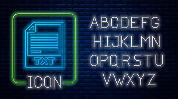 Світловий файл неонового TXT. Звантажити піктограму кнопки txt ізольовано на фоні цегляної стіни. Символ розширення текстового файла. Неоновий легкий алфавіт. Векторна ілюстрація — стоковий вектор