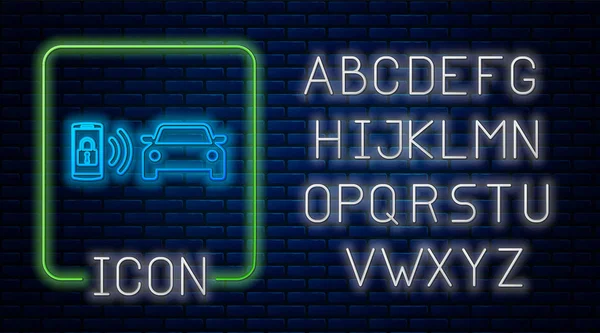 Icono del sistema de alarma de coche inteligente de neón brillante aislado en el fondo de la pared de ladrillo. El teléfono inteligente controla la seguridad del coche en el inalámbrico. Alfabeto de luz de neón. Ilustración vectorial — Vector de stock