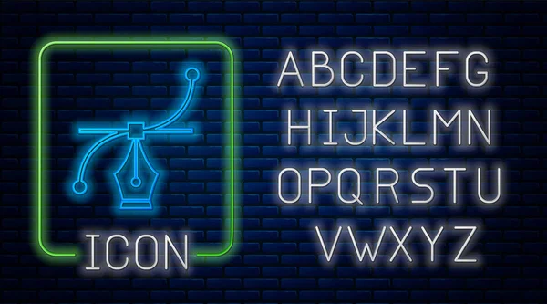 वीट भिंत पार्श्वभूमीवर वेगळे चमकणारा निऑन बेझियर वक्र चिन्ह. पेन साधन चिन्ह. निओन प्रकाश वर्णमाला. व्हेक्टर इलस्ट्रेशन — स्टॉक व्हेक्टर