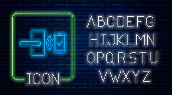 ล็อคประตูดิจิตอลนีออนเรืองแสงด้วยเทคโนโลยีไร้สายสําหรับปลดล็อคไอคอนที่แยกจากพื้นหลังผนังอิฐ ป้ายจับประตู การรักษาความปลอดภัยบ้านสมาร์ท. ตัวอักษรแสงนีออน ภาพวาดเวกเตอร์ — ภาพเวกเตอร์สต็อก