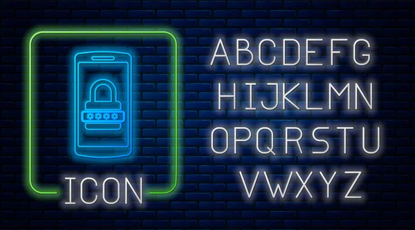 Néon brilhante Telefone celular e ícone de proteção de senha isolado no fundo da parede de tijolo. Segurança, segurança, acesso pessoal, autorização do usuário, privacidade. Alfabeto claro de néon. Ilustração vetorial — Vetor de Stock