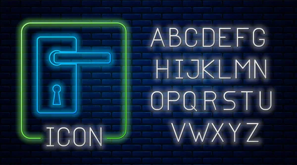 Glowing neon Door handle icon isolated on brick wall background. Door lock sign. Neon light alphabet. Vector Illustration — Stock Vector