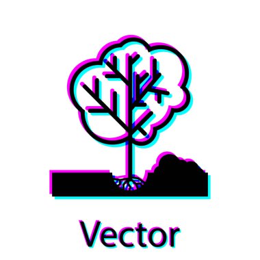 Siyah beyaz arka plan üzerinde izole zemin simgesine bir ağaç dikim. Bahçıvanlık, tarım, çevreye bakmak. Vektör İllüstrasyonu