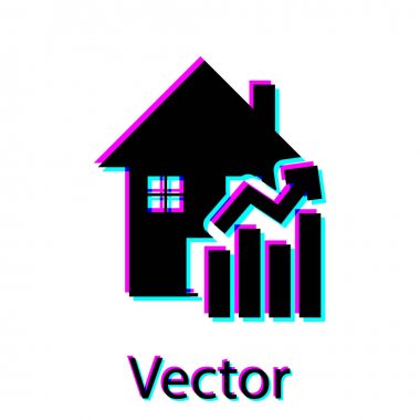 Beyaz arka planda izole konut simgesi Siyah Rising maliyet. Gayrimenkulün yükselen fiyatı. Konut grafiği artar. Vektör İllüstrasyonu