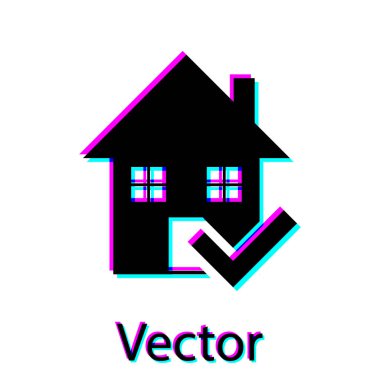 Beyaz arka planda yalıtılmış onay işareti simgesine sahip Siyah Ev. Emlak ajansı veya yazlık kasaba elit sınıf. Vektör İllüstrasyonu