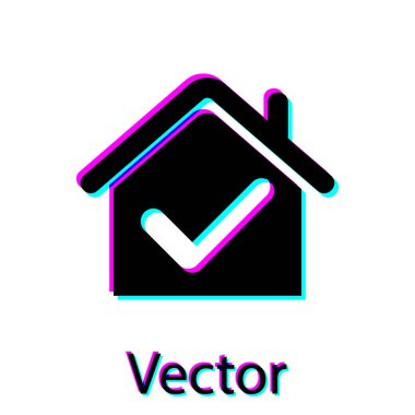 Beyaz arka planda yalıtılmış onay işareti simgesine sahip Siyah Ev. Emlak ajansı veya yazlık kasaba elit sınıf. Vektör İllüstrasyonu