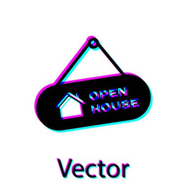 Metin Açık ev simgesi beyaz arka plan üzerinde izole ile Siyah Asılı işareti. Metin Açık ev ile tabela. Vektör İllüstrasyonu