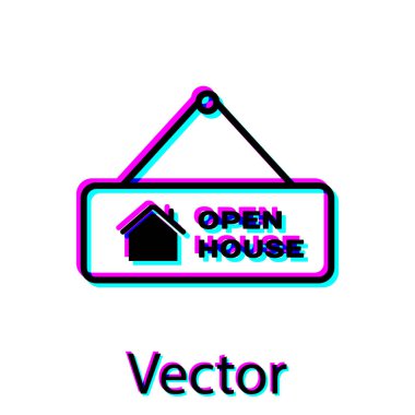 Metin Açık ev simgesi beyaz arka plan üzerinde izole ile Siyah Asılı işareti. Metin Açık ev ile tabela. Vektör İllüstrasyonu