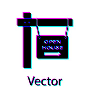 Metin Açık ev simgesi beyaz arka plan üzerinde izole ile Siyah Asılı işareti. Metin Açık ev ile tabela. Vektör İllüstrasyonu