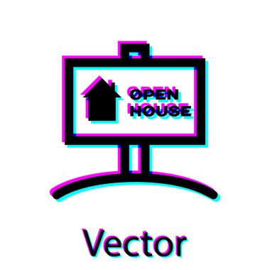 Metin Açık ev simgesi beyaz arka plan üzerinde izole ile Siyah Asılı işareti. Metin Açık ev ile tabela. Vektör İllüstrasyonu