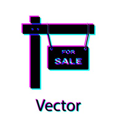 Beyaz arka planda yalıtılmış satılık simgesi ile siyah asılı işareti. Satılık metin li tabela. Vektör İllüstrasyonu