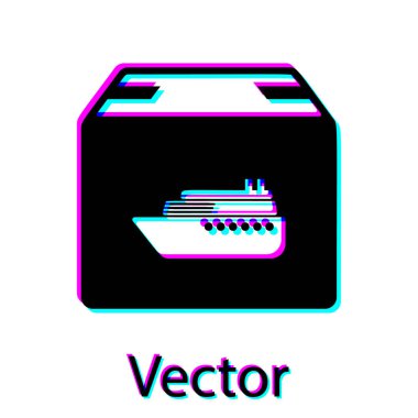Siyah Kargo gemi kutuları teslim hizmet simgesi beyaz arka plan üzerinde izole ile. Teslimat, nakliye. Koliler, kutular, mallar olan şilep. Vektör İllüstrasyonu