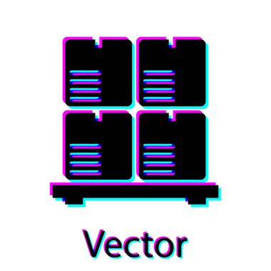 Beyaz arka planda izole palet simgesi üzerinde Siyah Karton kutular. Kırılgan işaretleri ile kapalı karton teslimat ambalaj kutusu. Vektör İllüstrasyonu