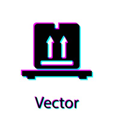 Beyaz arka planda izole palet simgesi üzerinde Siyah Karton kutular. Kırılgan işaretleri ile kapalı karton teslimat ambalaj kutusu. Vektör İllüstrasyonu